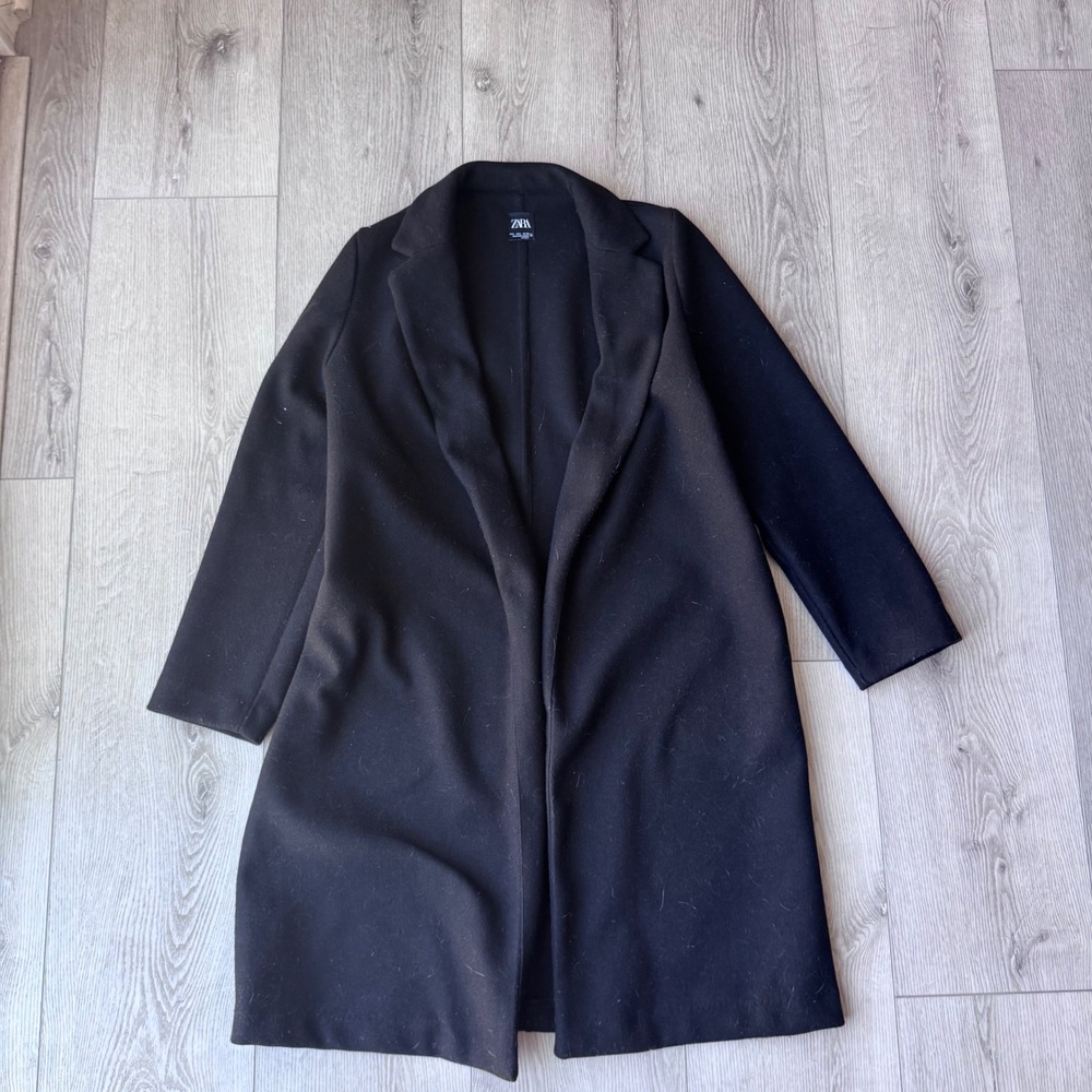 Zara Black Open Front Knit Coat Notched Lapel Soft Feel Longline Jacket Large